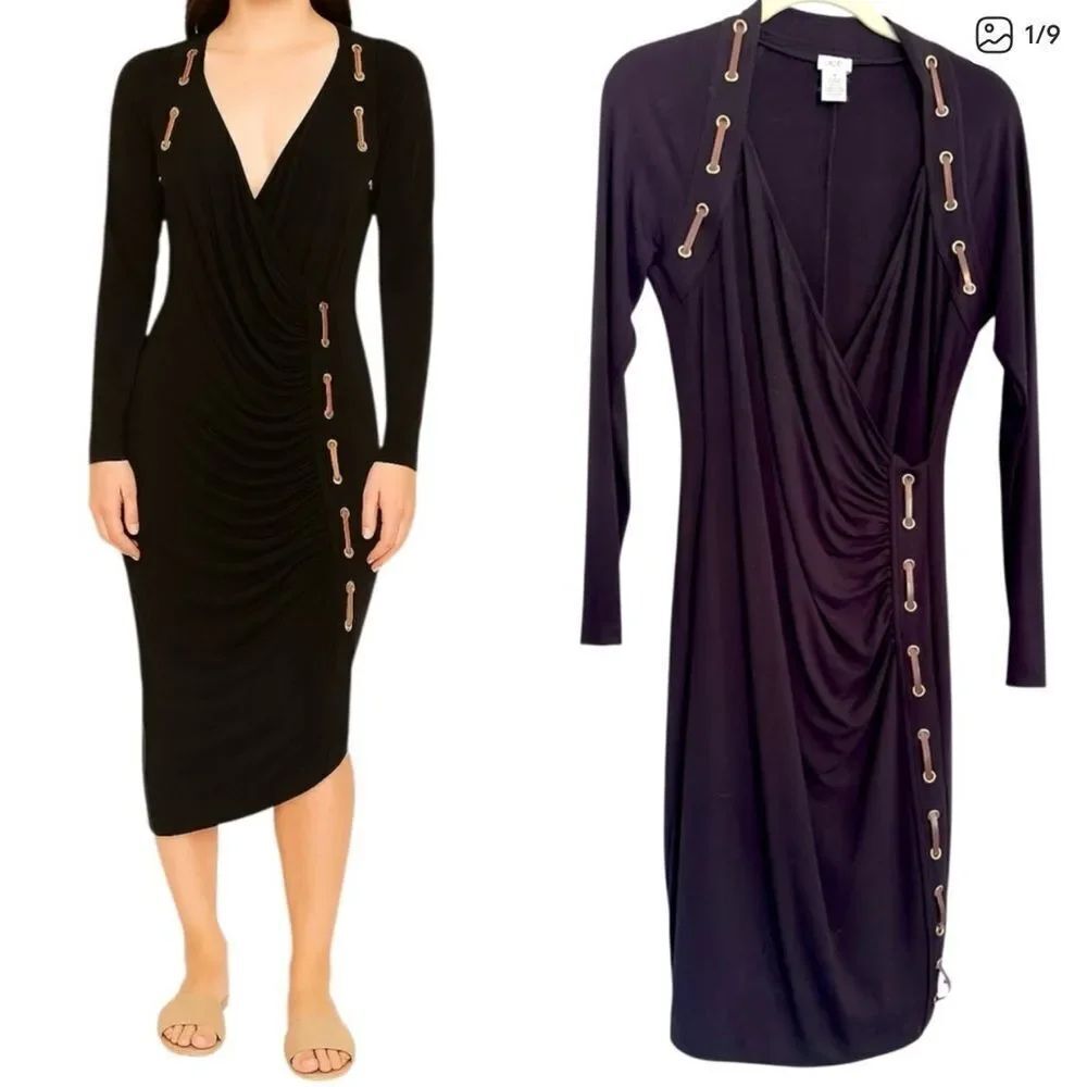 Cache Black Long Sleeve Draped Dress
